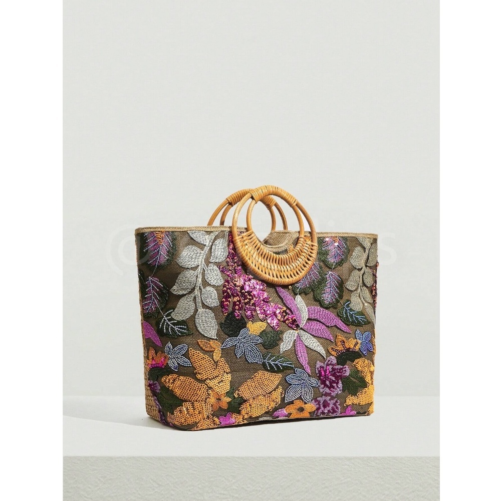 Sequined Floral Decorated Straw Tote Bag Bamboo Handle - Picture 9 of 13